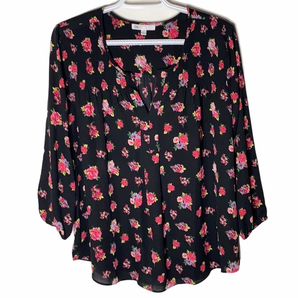 DR2 popover black floral rose print swing blouse size M